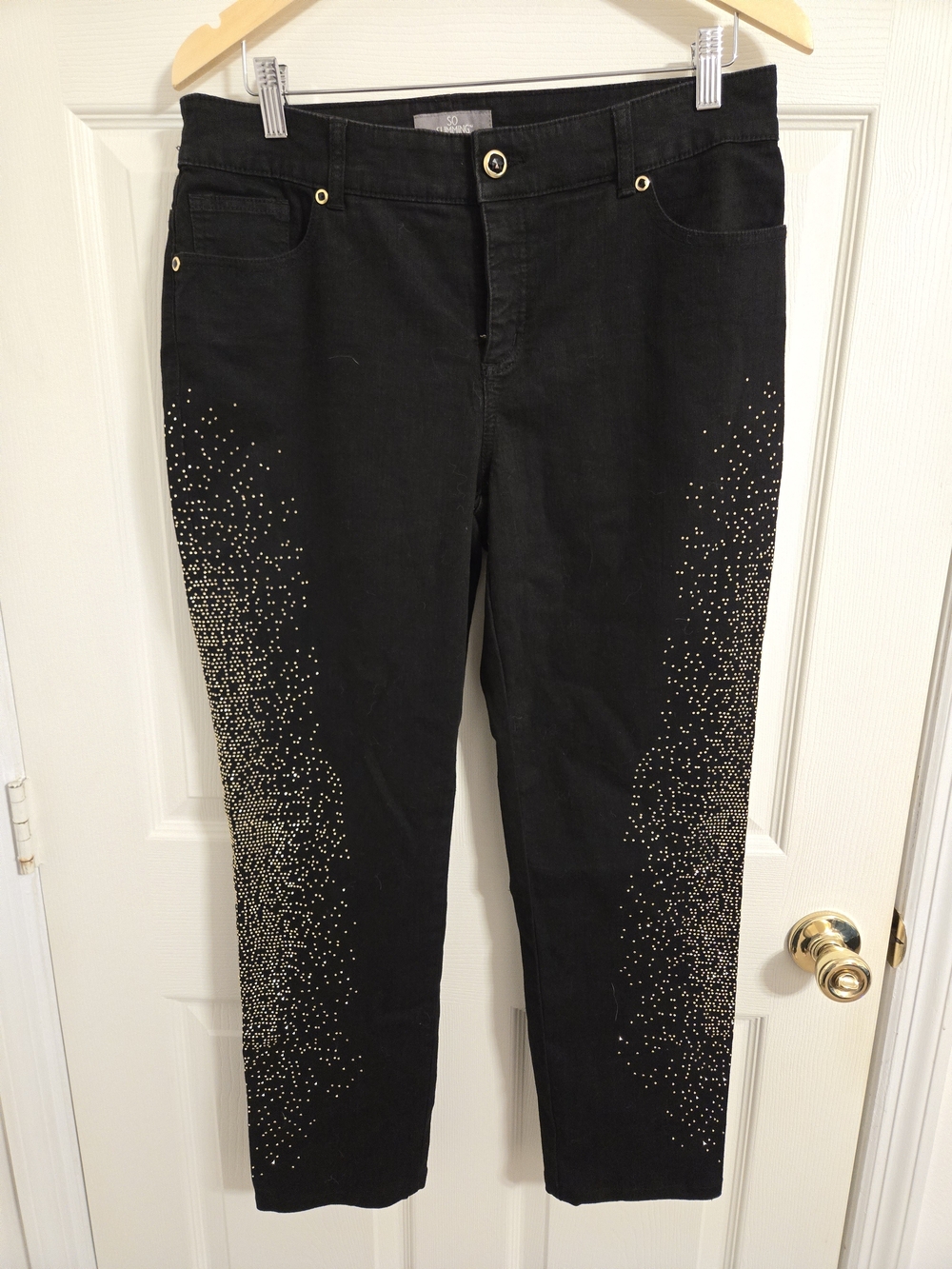 Chico's Slimming Black Jean Pants with Gold Stud Embellishment Size 1.5